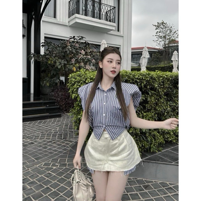 set sơ mi croptop, chân váy kaki