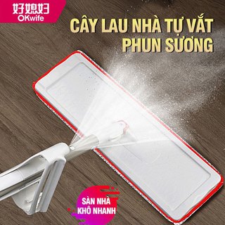 Cây lau nhà phun sương tự vắt OKwife Spray Mop chổi lau nhà thông minh xoay 360 độ lau sàn làm sạch, 2 miếng lau