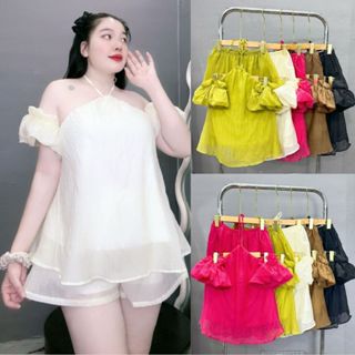Set bộ yếm bigszie nữ áo dây bẹt vai dáng babydoll vải đũi tơ có lớp lót quần đùi lưng cao có túi style tiểu thư SET818