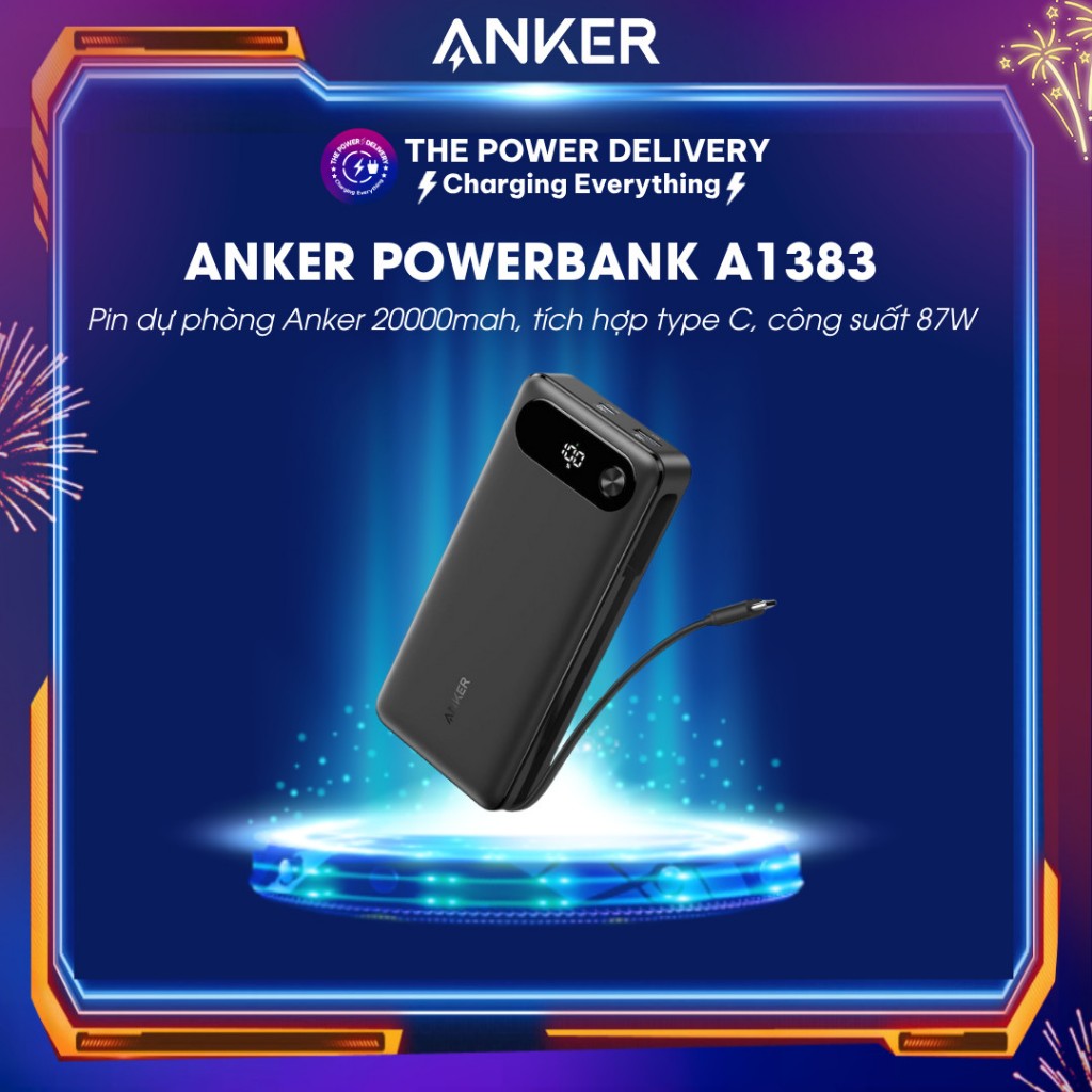 Pin dự phòng Anker A1383 dung lượng 20000mah, tích hợp sẵn cáp Type C, công suất 87W dành cho IP15 và Laptop