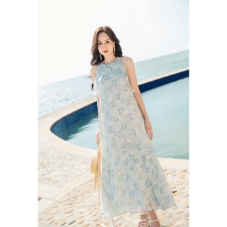 Đầm maxi voan hoa xanh phối cổ kiểu kèm dây buột eo rời