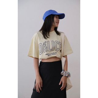 Áo Thun Nữ Phom Rộng Delice, Tay Lỡ In Chữ Cotton 4 Chiều, Phong Cách Hàn Quốc