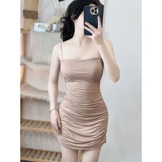 Đầm 2 giây  thun lụa nhún sườn 2 bên cực sang chảnh