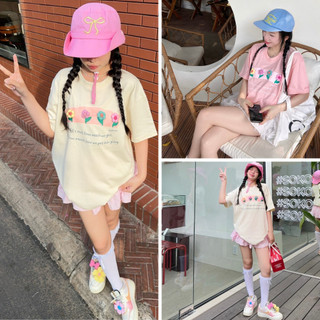 Áo phông nam nữ in họa tiết chữ phối đính bông hoa nổi dễ thương chất liệu cotton hàng xuất mềm mịn