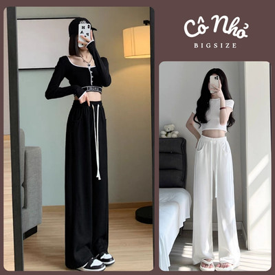 Quần Thun Dài Bigsize Cô Nhỏ Phối Dây Cột Trắng Bản Lưng Thun Co Giãn Vải Gân Mềm Q14