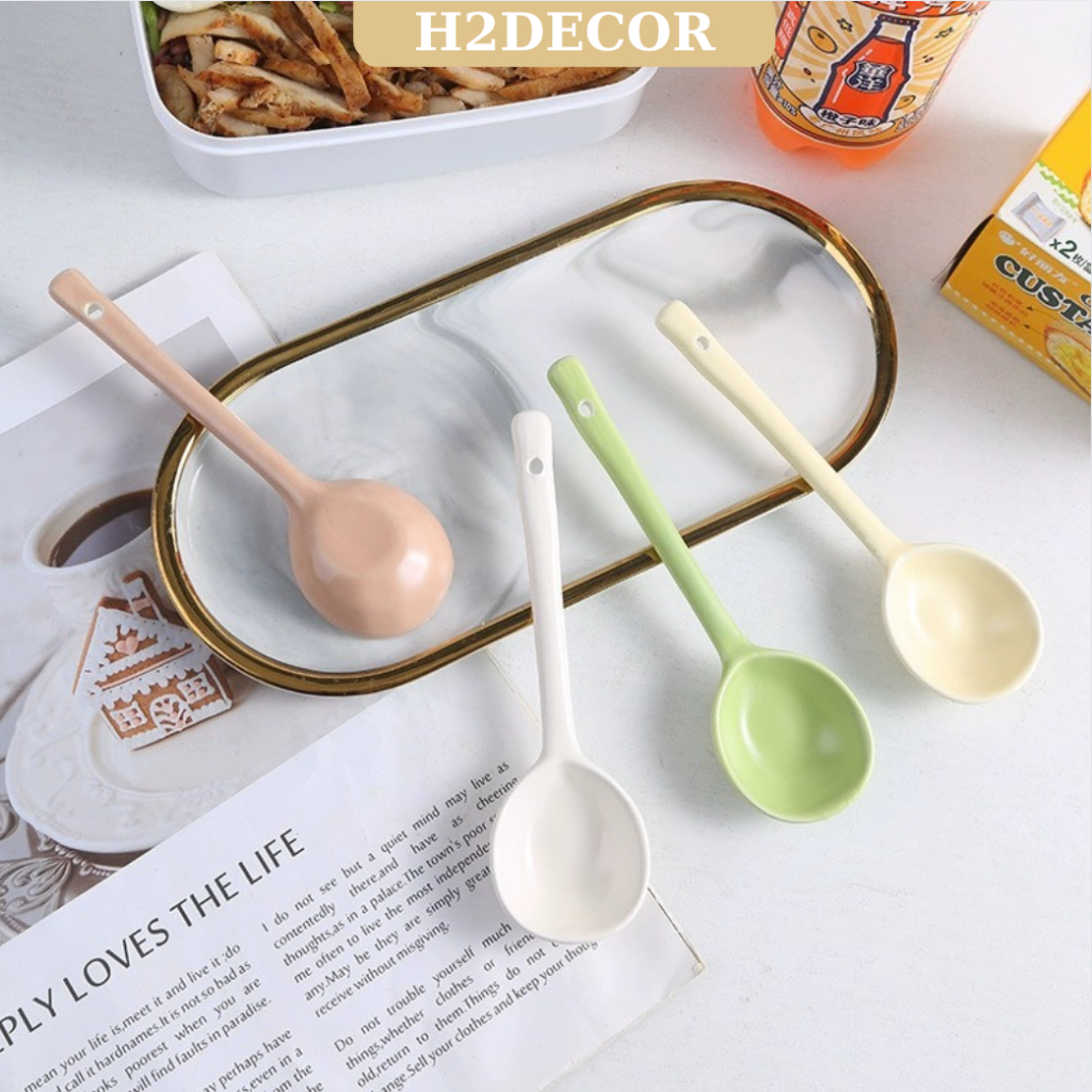 Muỗng,thìa gốm  cán dài màu pastel tráng men cao cấp- H2decor