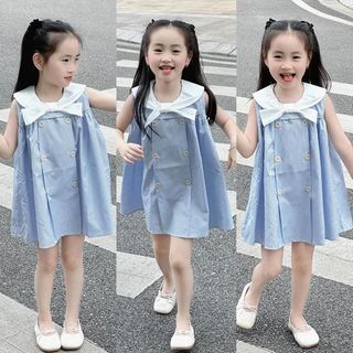 Váy bé gái kẻ sọc phối cổ nơ thủy thủ tông màu xanh xinh xắn chất mềm đẹp thấm hút d1496