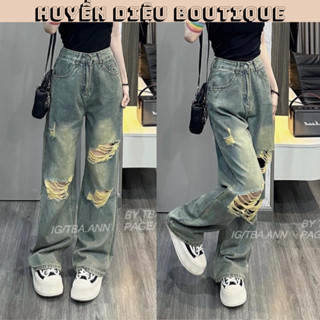 Quần jean ống rộng nữ rách gối cá tính năng động ,quần bò ống suông cạp cao ôm eo tôn dáng