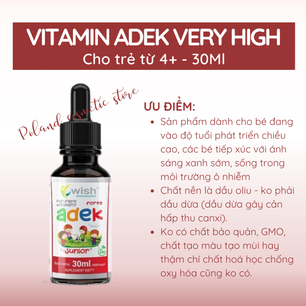 Vitamin ADEK Wish cho bé 4+ bổ sung vitamin K2+D3 hỗ trợ cho bé phát triển chiều cao, thị lực 30ml