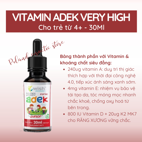 Vitamin ADEK Wish cho bé 4+ bổ sung vitamin K2+D3 hỗ trợ cho bé phát triển chiều cao, thị lực 30ml