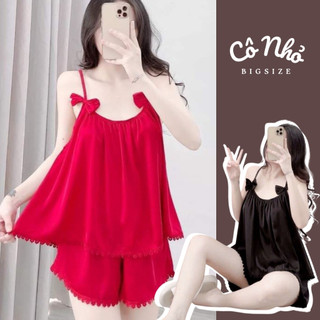 Đồ Ngủ 2 Dây Bigsize Nữ Áo Dây Gắn Nơ Quyến Rũ Quần Đùi Ống Rộng Vải Lụa Chéo Mềm Mịn SET828