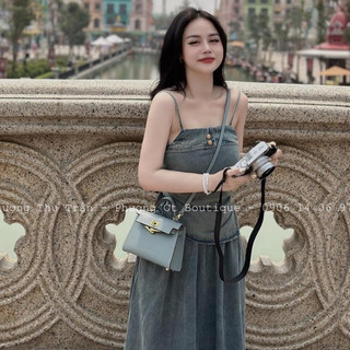 Set jean mài áo 2 dây dúm eo mix chân váy xòe