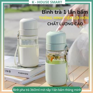 Bình pha trà thuỷ tinh có lọc trà nắp mở thông mình 1 nút bấm, bình thuỷ tinh có bọc bảo vệ pha trà chịu nhiệt độ cao