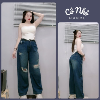 Quần jean nữ bigsize cô nhỏ dáng suông ống rộng màu bụi rách cá tính chất demi thời trang Q503