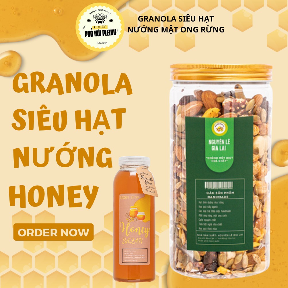 Granola siêu hạt ăn không đường, không yến mạch nướng mật ong rừng nguyên chất cực tốt (1 hũ 500gr)