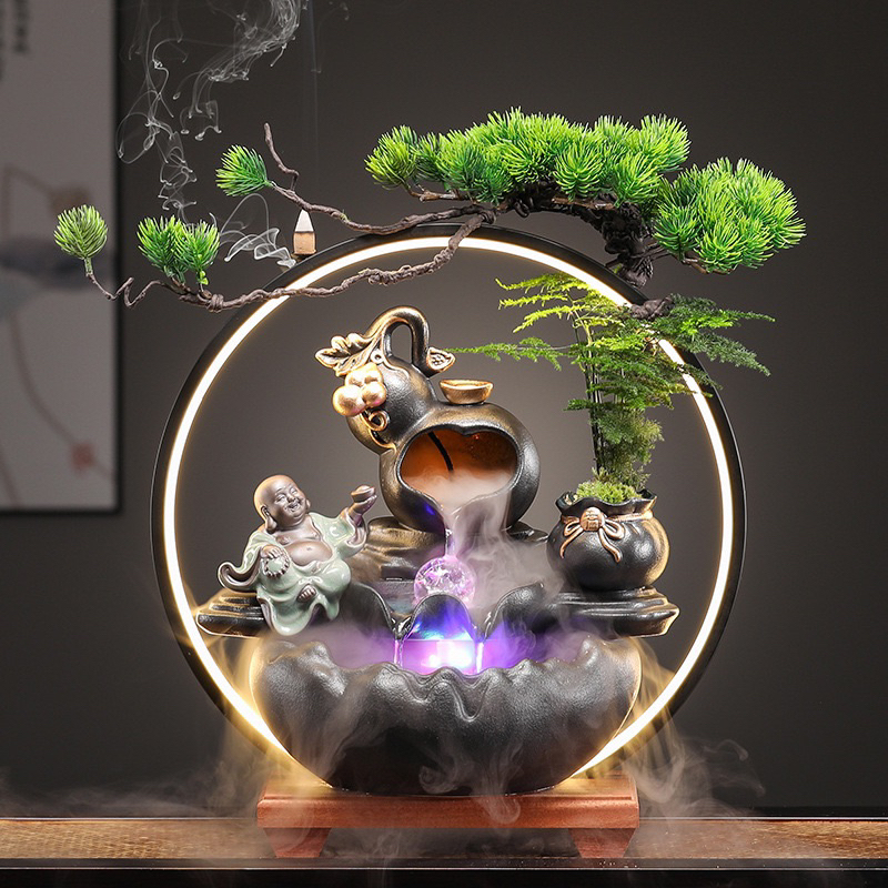 Thác Nước Phong Thuỷ Hồ Lô Phật Di Lạc - Khói Toả Trầm Hương , Đèn Led 7 Màu