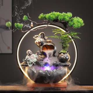 Thác Nước Phong Thuỷ Hồ Lô Phật Di Lạc - Khói Toả Trầm Hương , Đèn Led 7 Màu