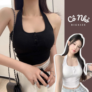 Áo ba lỗ bigsize nữ dang croptop ngắn cổ yếm phối nút cài áo vải thun gân co giãn g46