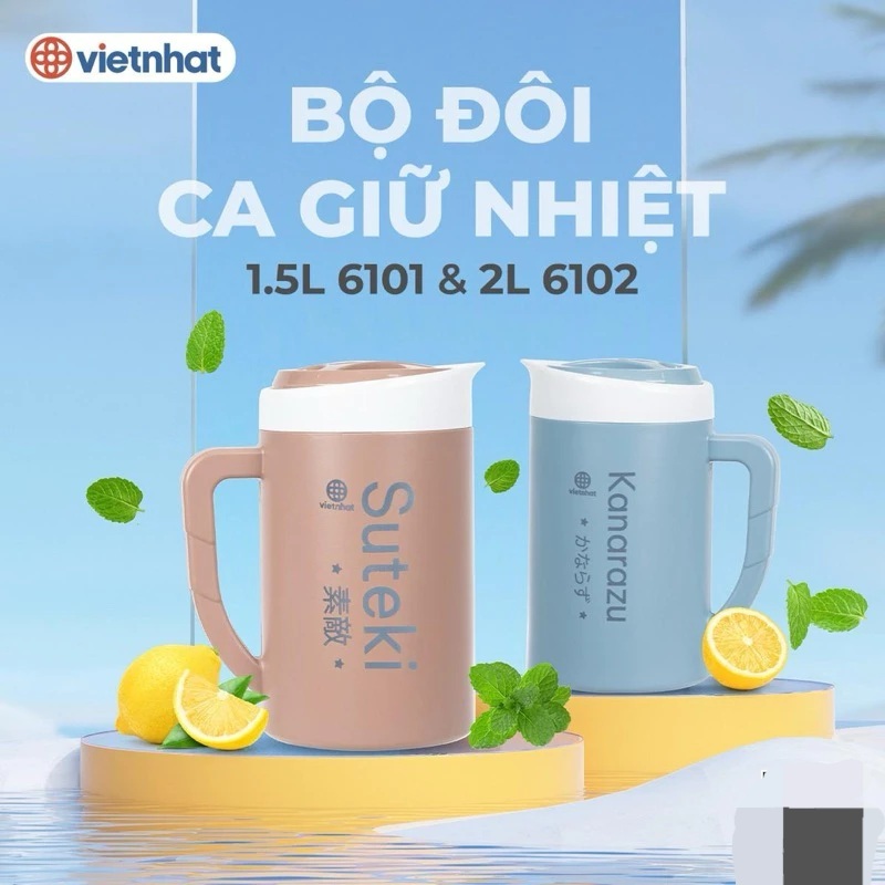 Ca đựng nước giữ nhiệt ủ nước vối, trà xanh Kanarazu nhựa Việt Nhật dung tích 1,5 lít và 2 lít