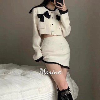 MARINE Set áo dạ tweed phối nơ kèm chân váy A viền beo phong cách ulzzang Hàn Quốc [ST40]