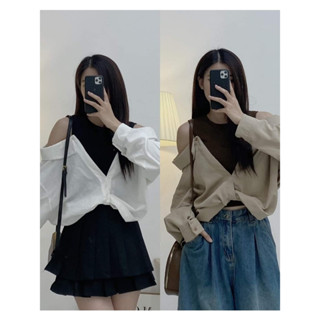 METWO. - Áo sơ mi nữ kiểu trễ khoét hở vai cách điệu phối màu liền ba lỗ thun tăm dáng ngắn croptop ulzzang HQ #HK155