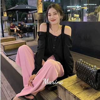MARINE Áo sơ mi thô lụa trễ vai phong cách vintage Hàn Quốc [K15]