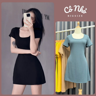 Đầm thiết kế nữ Cô Nhỏ cổ U vuông tay ngắn vải thun gân(có bigsize)đi tiệc dáng A xòe basic thanh lịch 50-95kg G663