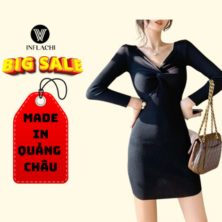 Váy len xoắn ngực INFLACHI co dãn thoải mái ôm body tay dài dág ngắn chất len tăm nổi bật M430 N-44.1 B2-16.1
