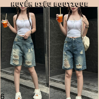 Quần short jean nữ rách đùi hai màu thêu túi sau , quần bò ngố đùi ôm eo chất jean mềm mịn basic - Huyền Diệu Boutique