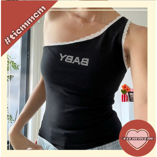 Áo lệch vai ép đá baby tiemmem - đen/trắng/đỏ
