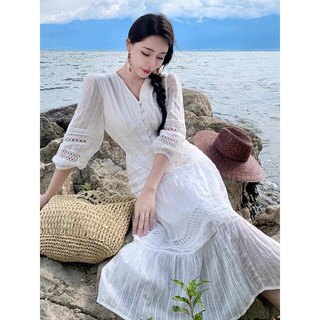 Váy cổ V nữ chất tơ ren cúc bọc