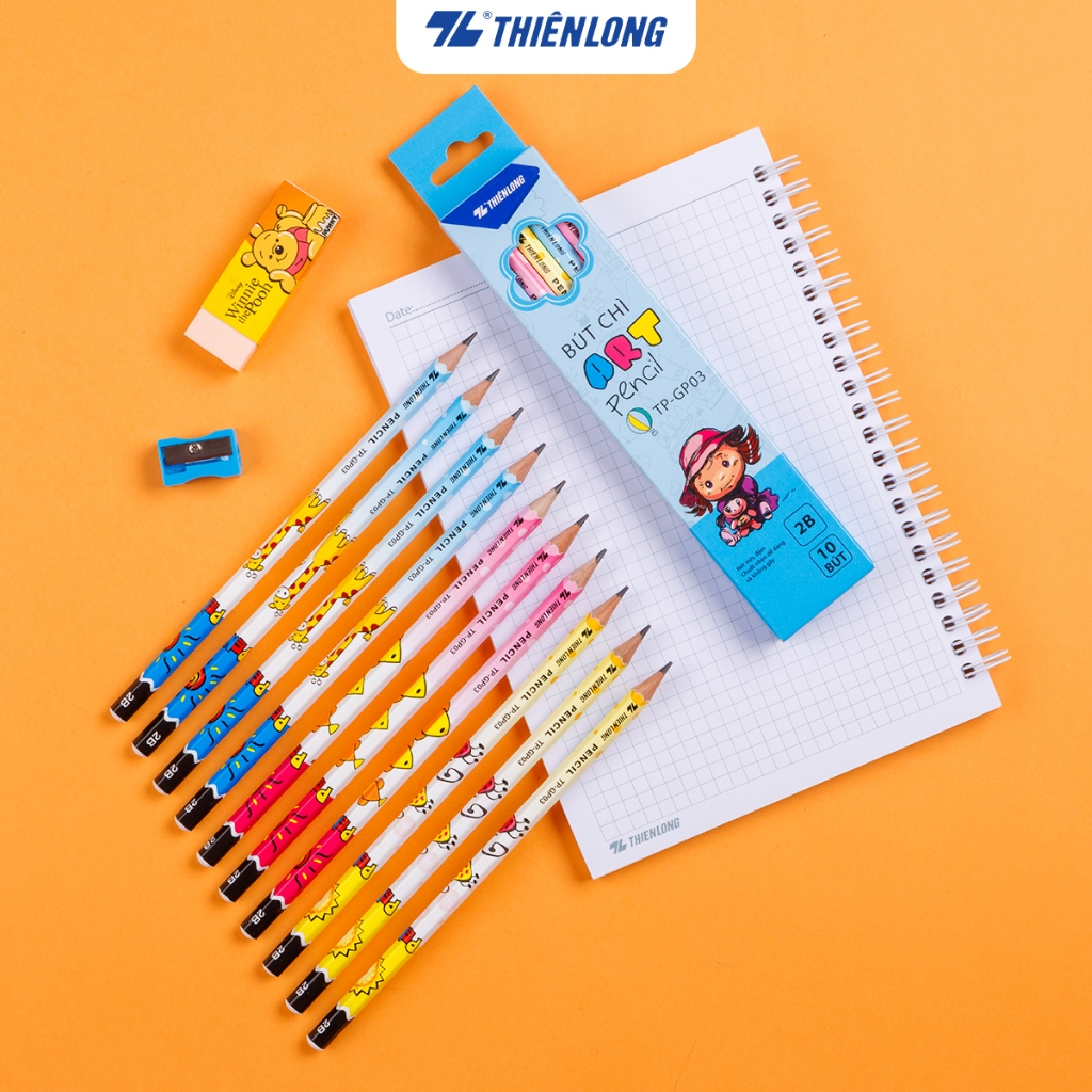 Combo 10  cây Bút chì gỗ Thiên Long GP-03, thân thẳng lục giác, 2B, nét đậm, lướt rất nhẹ nhàng trên