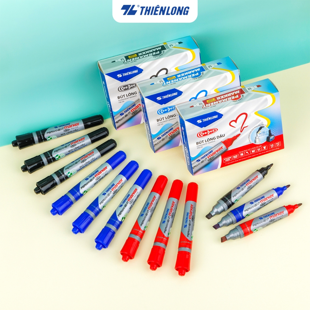 Combo 10 Bút lông dầu Thiên Long PM-09, 2 đầu ngòi, mực đạt tiêu chuẩn Châu Âu, bám dính tốt trên nh