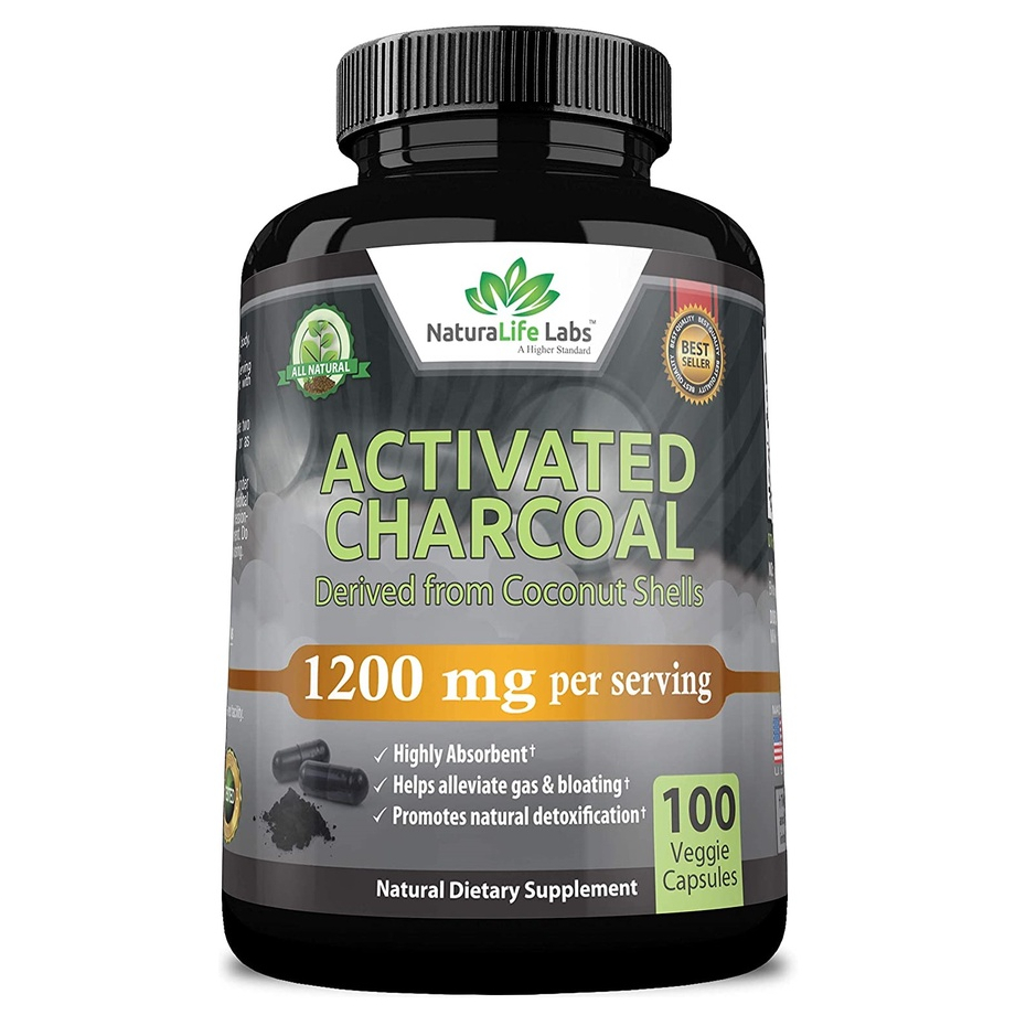 NaturaLife Labs Activated Charcoal 1200mg Viên than hoạt tính hỗ trợ giải độc, hệ tiêu hóa, trắng da