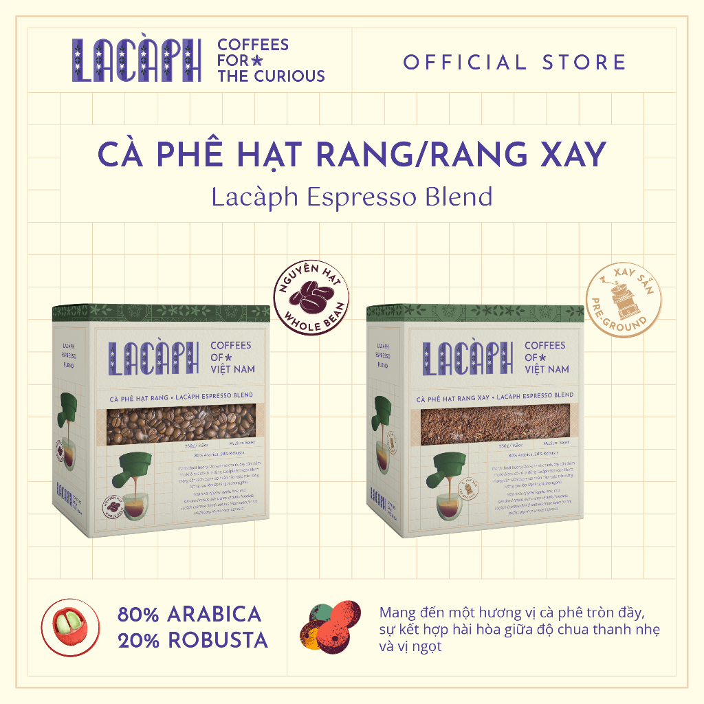 Cà phê rang xay nguyên chất Lacàph Espresso Blend 80% Arabica 20% Robusta – Pha máy Espresso – Rang 