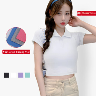 Áo Croptop Polo Có Cổ Nữ Tay Ngắn Madela Vải Cotton Thun Mềm Mát, Áo Thun Croptop Ngắn Tay Nữ Cổ Trụ