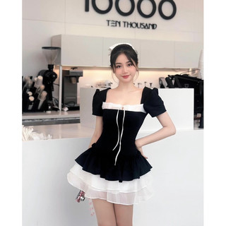 Đầm đen cổ vuông viền trắng chân bèo🖤🎀