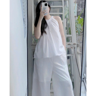 Chenroom Set linen áo cổ yếm và quần suông dễ thương basic
