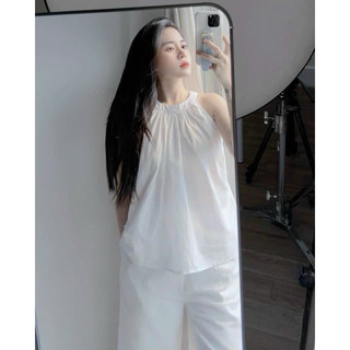 Chenroom Set linen áo cổ yếm và quần suông dễ thương basic