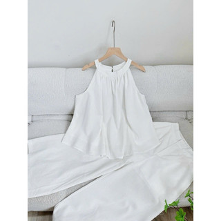 Chenroom Set linen áo cổ yếm và quần suông dễ thương basic