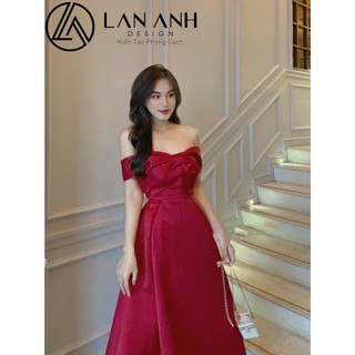 Váy tiệc, váy chữ A, váy trễ vai, váy lệch vai, đầm xòe trễ vai dự tiệc hình nơ trước ngực, váy cúp ngực, đầm cúp ngực