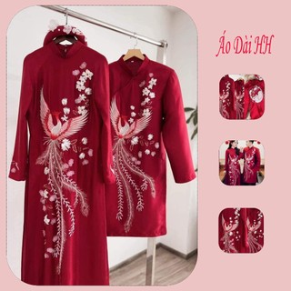 Áo dài cưới, áo dài cô dâu chú rể đỏ sang trọng, áo dài cặp tặng kèm bờm tóc hh65