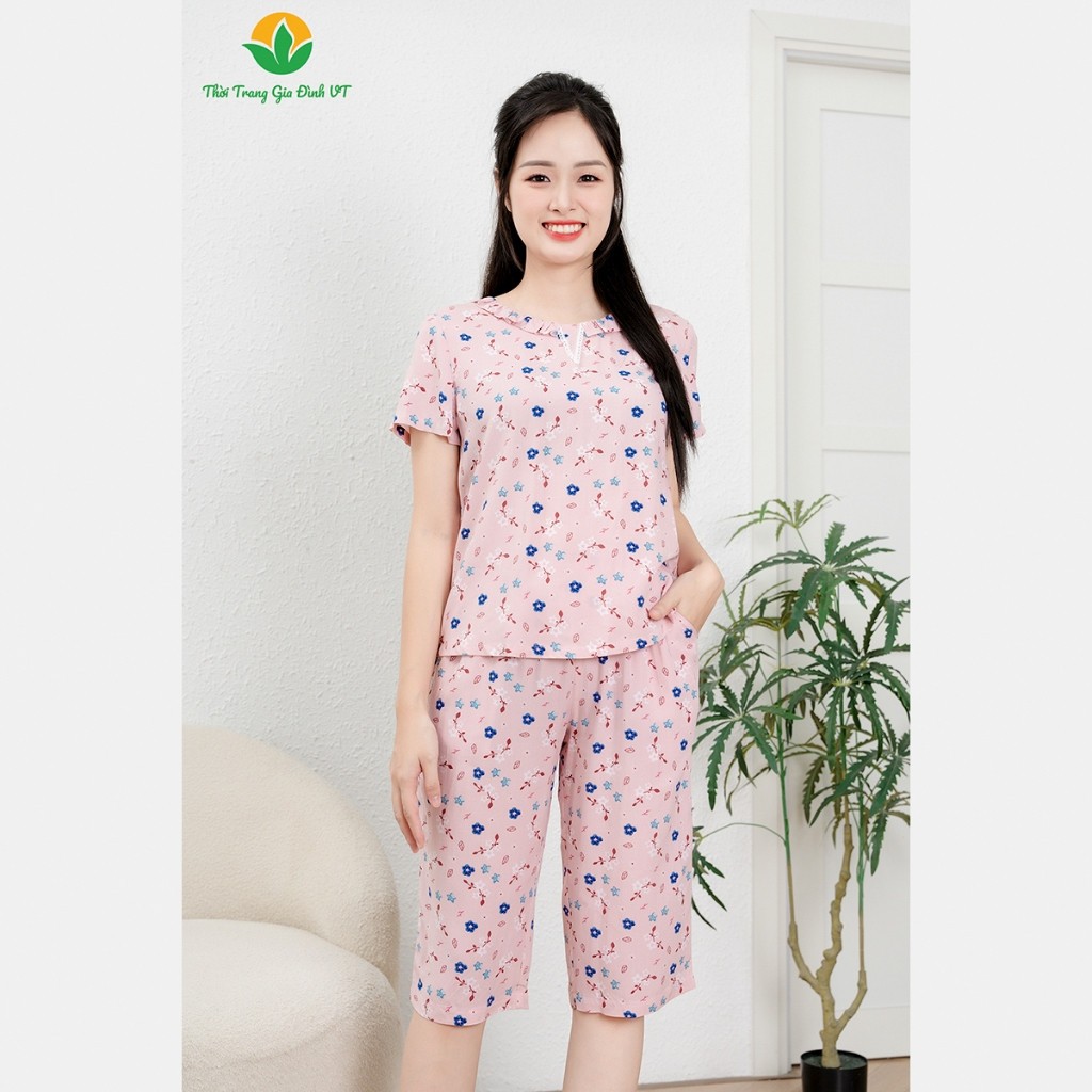 Bộ đồ mặc tại nhà nữ Việt Thắng, quần lửng, áo cộc tay - chất lanh ( tole) - B06.2408