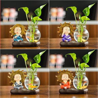 Bộ Tượng Chú Tiểu Kèm bình Thủy Sinh Trồng Cây Nuôi Cá,Trang Trí Ô Tô,Bàn Làm Việc,Tủ Sách ,Decor