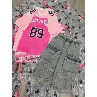 Set Bộ Jean Ngố In Số 89 ,Bộ Áo Phông Ngắn Tay Phối Hồng Kèm Quần Jean Bò Túi Hộp Ống Rộng Cá Tính ,Bigsize 65KG