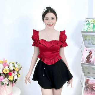 Áo Croptop Cổ Vuông Tay Phồng Bèo Dún Lai Nhọn Sang Chảnh  NHISTORE Freesize Dưới 55kg