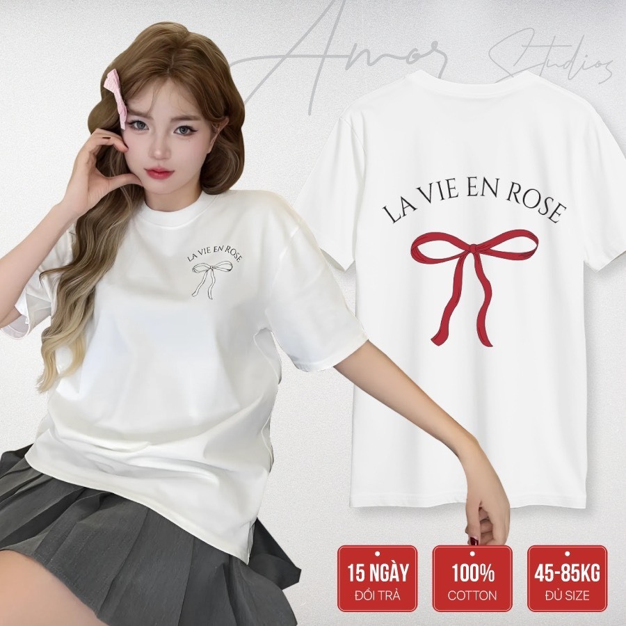 Áo thun LA VIE EN ROSE hot trend 100% cotton cổ tròn form rộng dễ thương 250gsm hai màu đen trắng - 