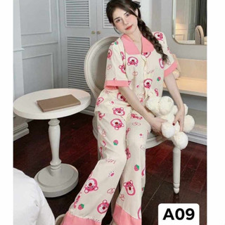 Bộ pijama nữ tay Cộc quần Dài họa tiết dễ thương mặc nhà kate thô phối viền