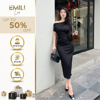 Đầm lệch vai body dáng bút chì Emili, đầm dự tiệc sự kiện cách điệu chất chéo hàn sang chảnh 
