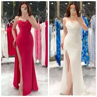 Đầm Body Nhún Ngực Xếp Eo Xẻ Tà Siêu Sang Dạ Hội Dự Tiệc, Chất Phi Lụa Cao Cấp 2 Màu Trắng Đỏ💥